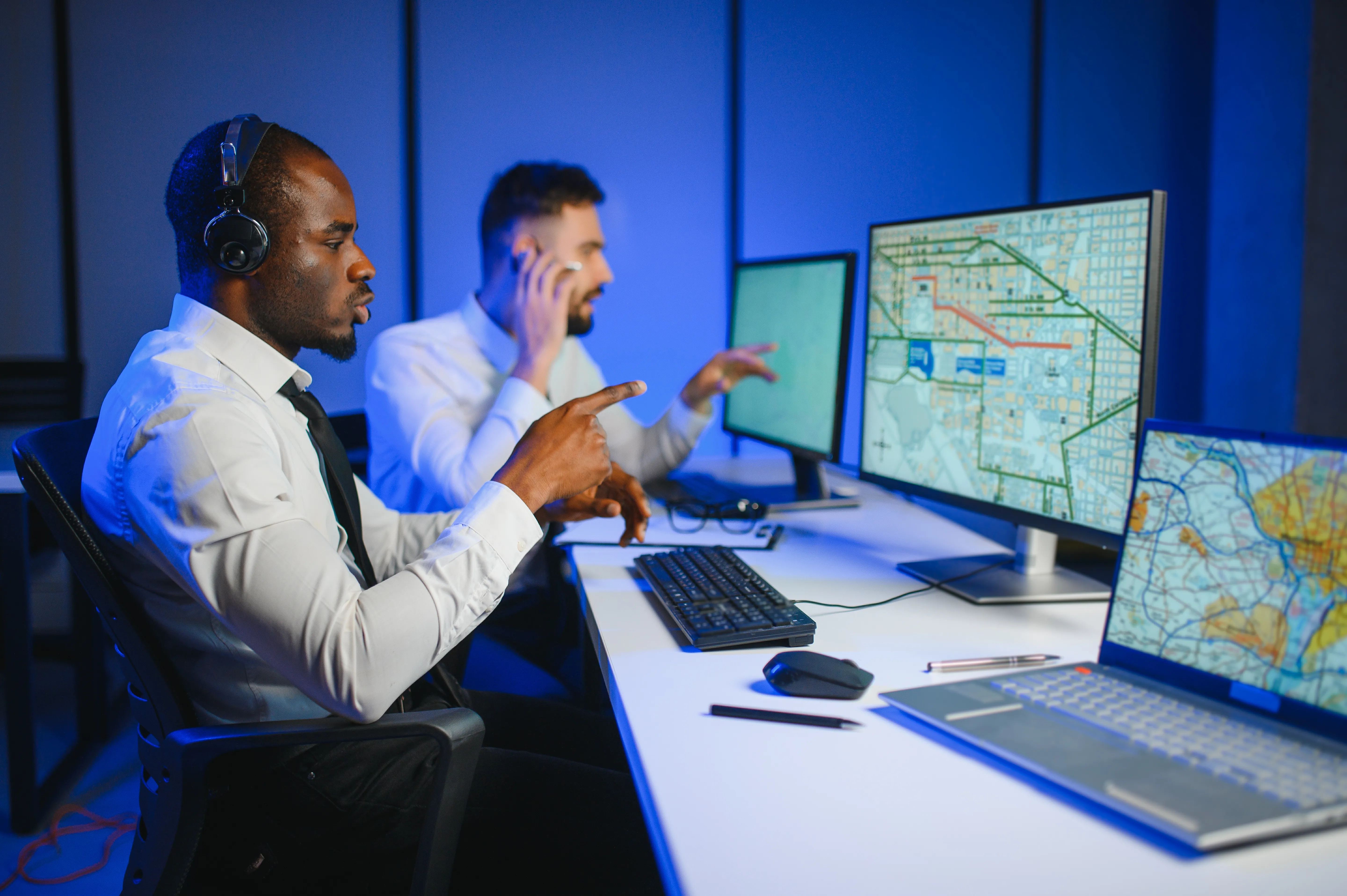 Haciendo el monitoreo de unos transportes, hay unos hombres que están haciendo ese trabajo